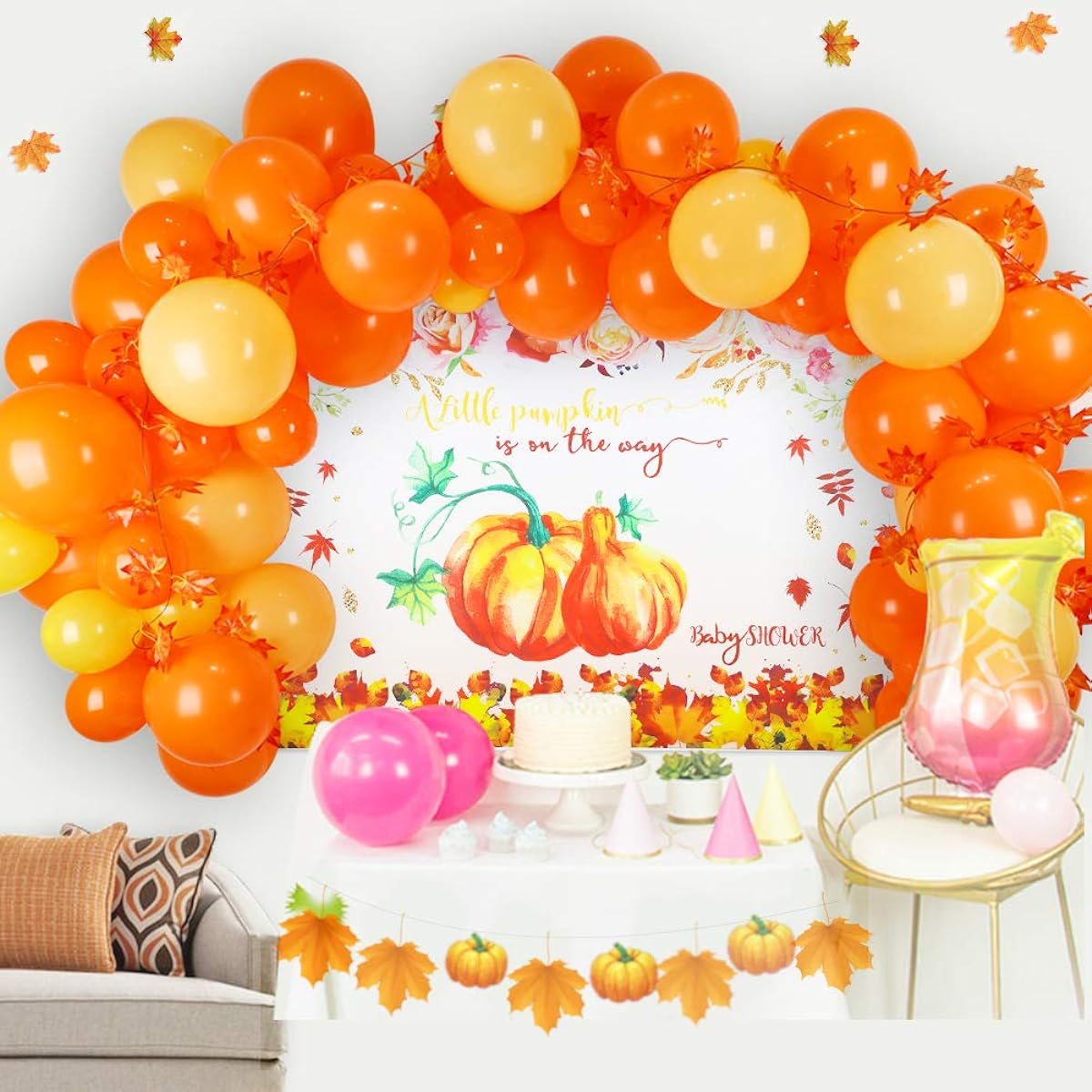 Pumpkin Baby Shower Decorations Party Kit - Pumpkin Backdrop, Party Latex Balloons, Maple Leaf Garland, Fall Leaves Bulk for Thanksgiving Fall Party, Baby Shower, Photo Booth Props