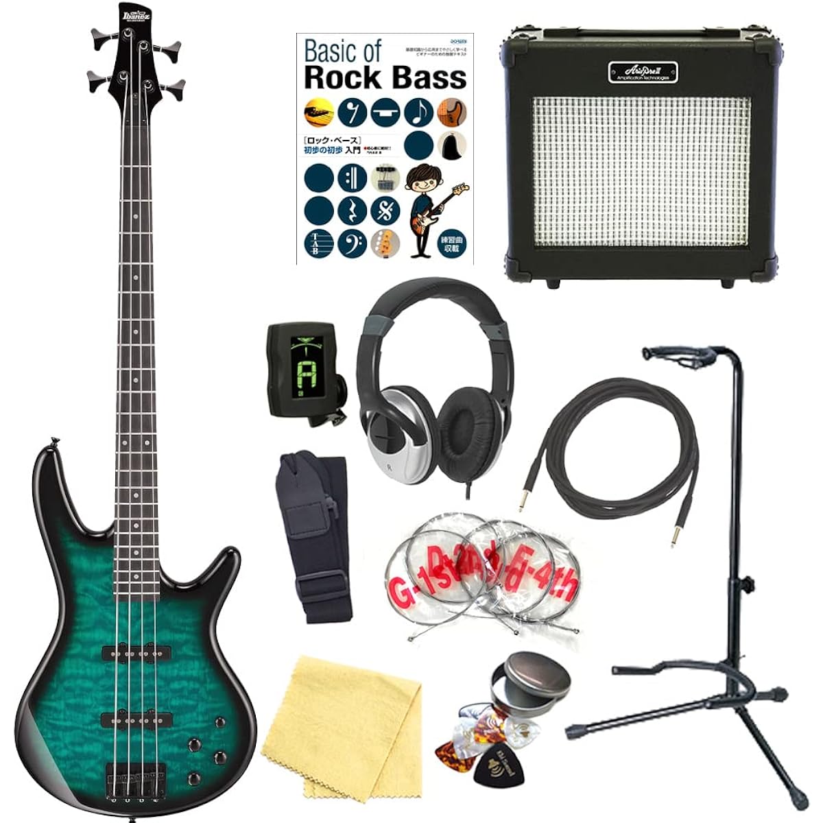 Ibanez GSR280QA TMS 4-string electric bass guitar for beginners, 13-piece set