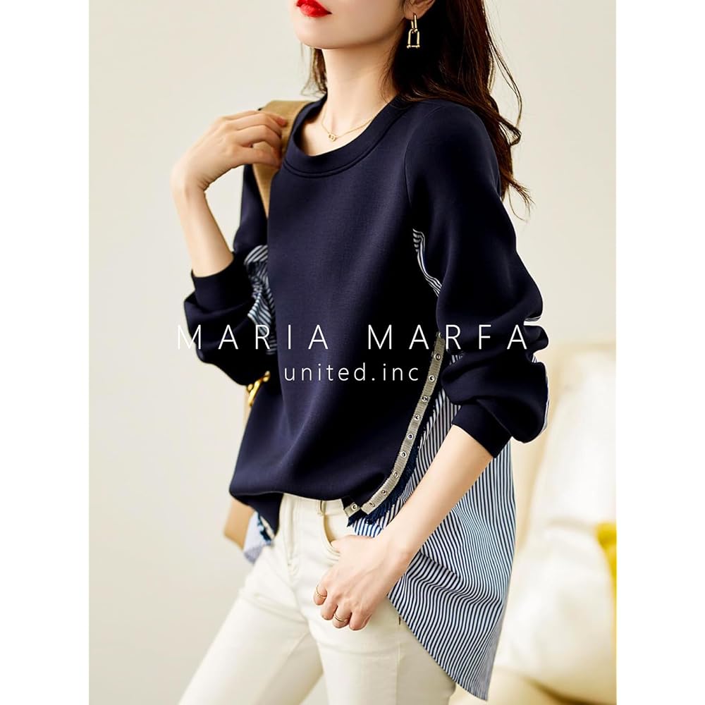 [MARIA MARFA] Different Materials Switch Sweatshirt Pullover Blouse Striped Spring Summer Women's 4S-M01