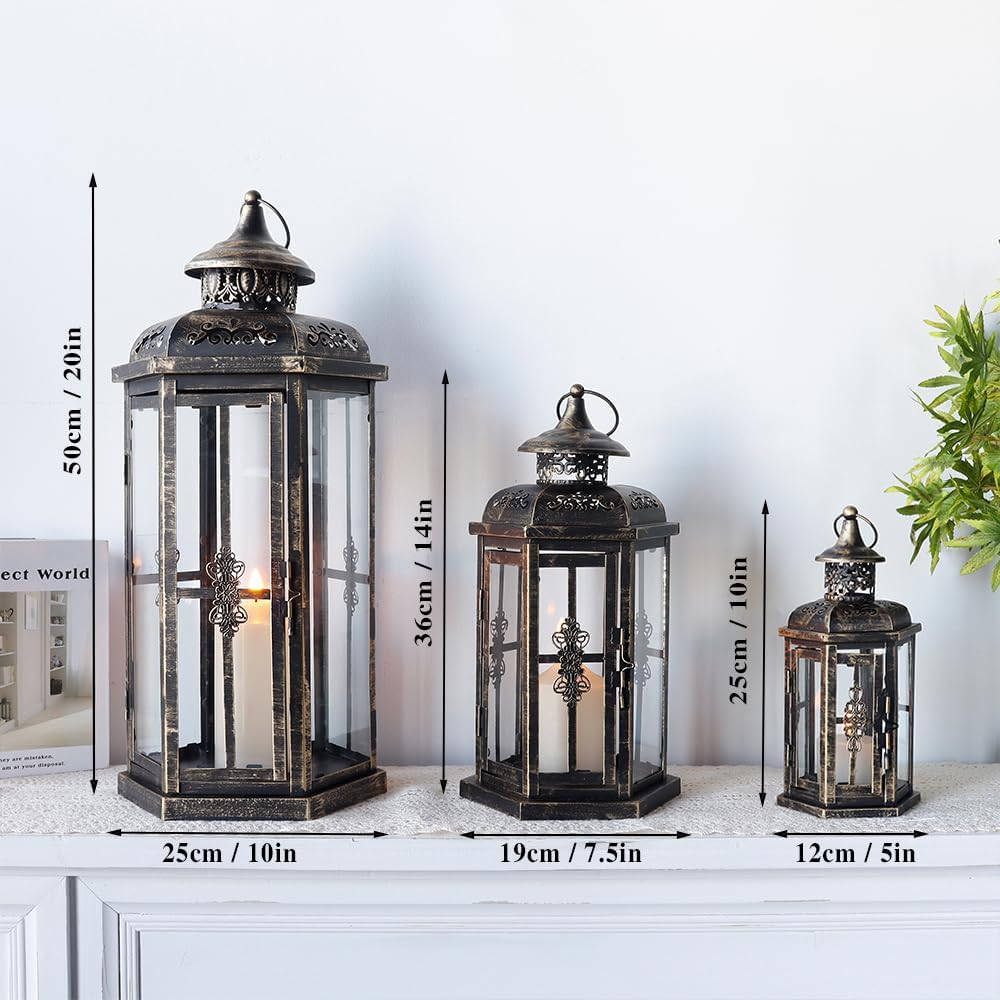 JHY DESIGN Set of 3 Candle Lanterns Height 25&36&50CM Old Candle Holder Vintage Candlestick Candle Stand Indoor/Outdoor Stylish Interior Goods Bar Office Room Wedding Birthday Christmas Present (Black)