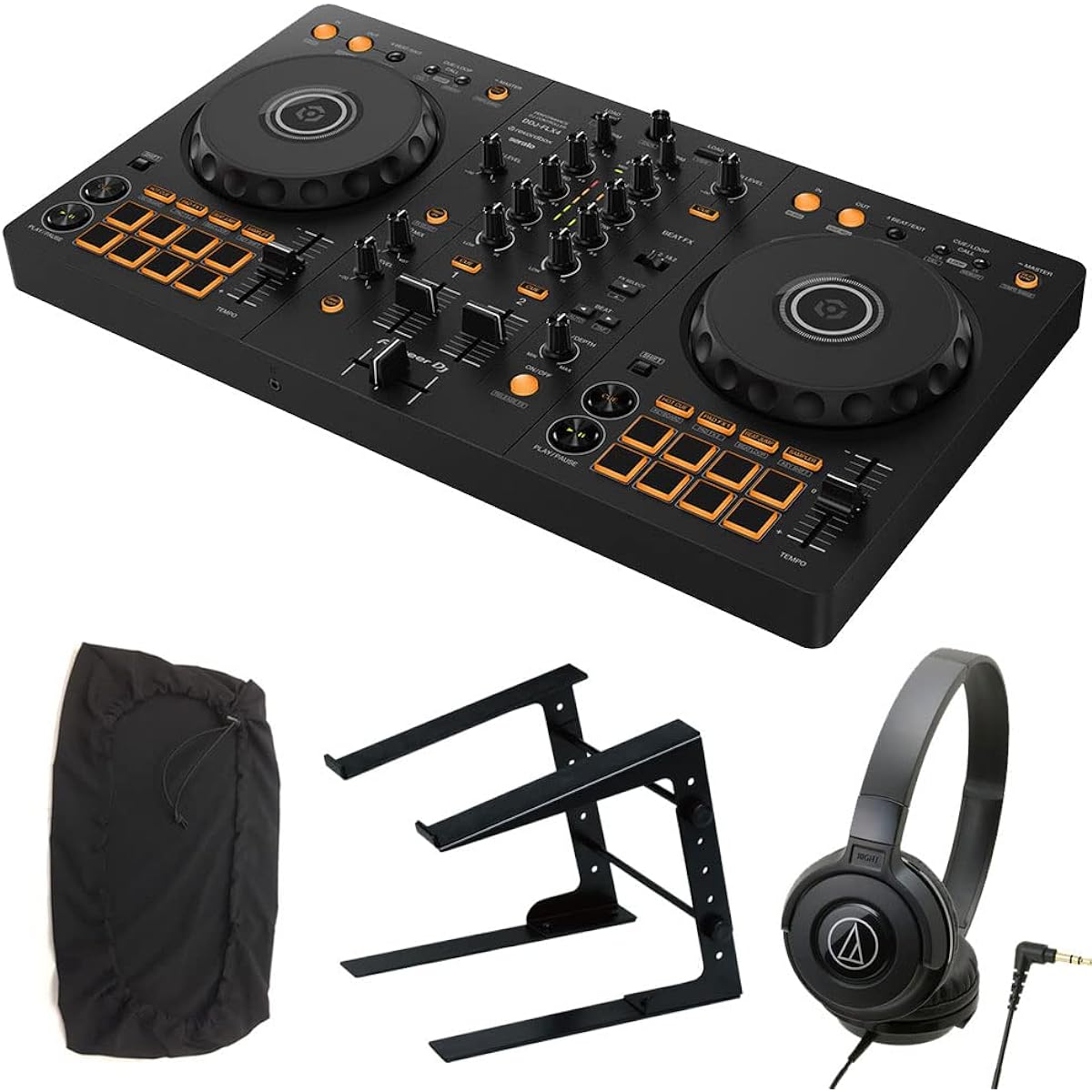 Pioneer DJ controller DDJ-FLX4 + headphones ATH-S100 + PC stand + dust cover set《rekordbox/Serato DJ Lite compatible》 [DDJ-400 successor model]