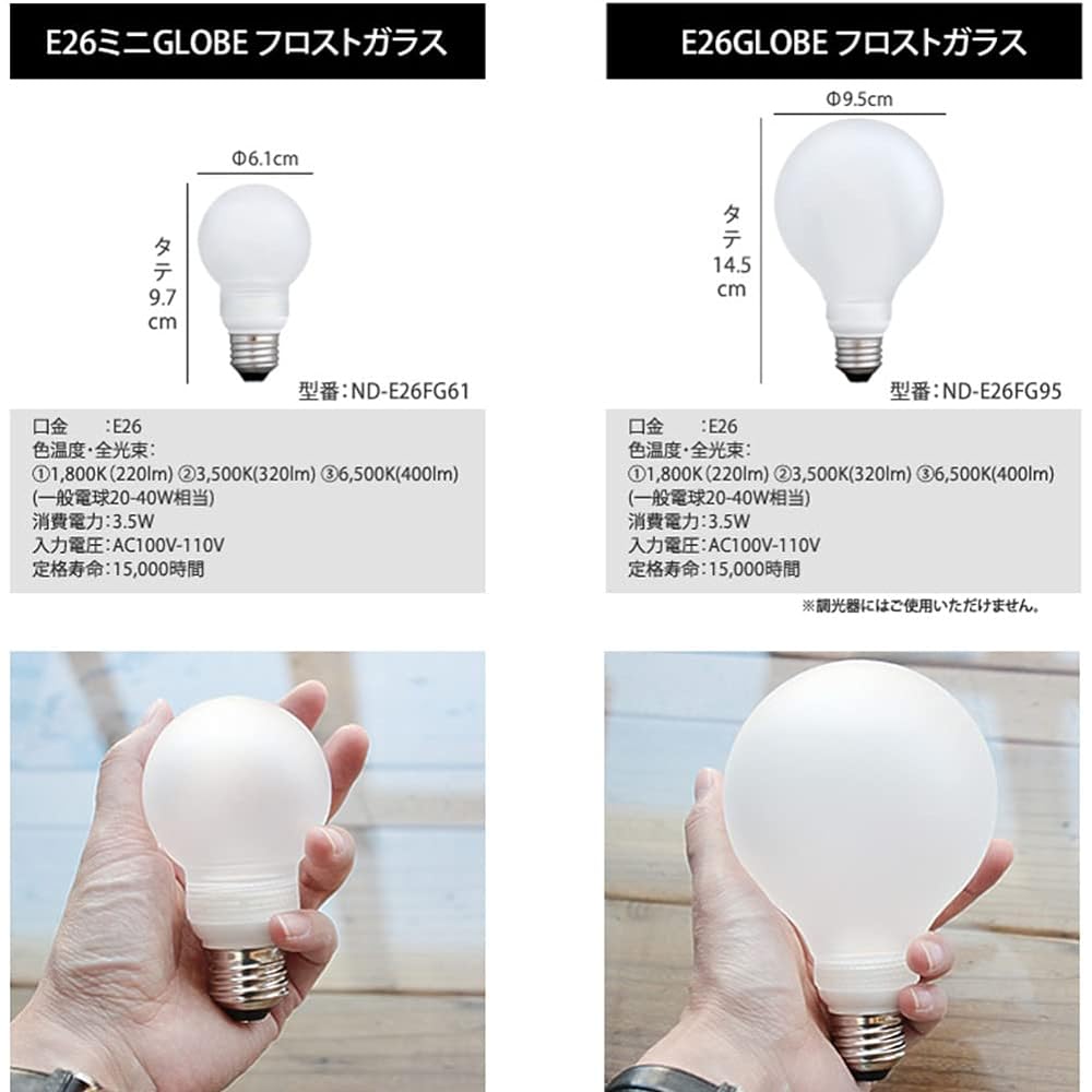 [Set of 2] E26 Edison Bulb LED Light Bulb Frosted Glass (Mini GLOBE) x 2 Set 3 Levels Toning LED Bare Bulb Edison Bulb Retro Lighting Stylish