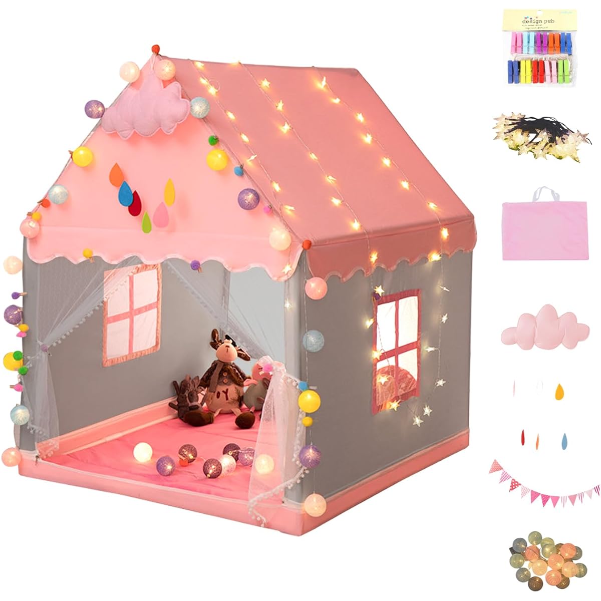 [monomark] Kids tent, children's tent, indoor toy, girls, boys, gift, birthday, princess, pink gray [luxurious 7-piece set] [Japanese brand supervised by nursery teachers]