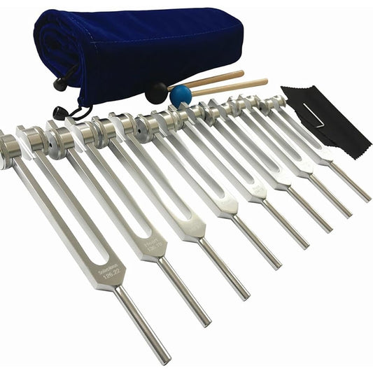 8 Piece Tuning Fork Set with Silicone Hammer Cleaning Cloth and Bag, Gift for Buddhist Yoga Teacher Sound Healer