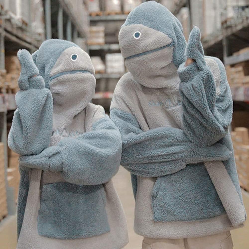 [Minesam] Women's Shark Hoodie, Hooded, Shark Pattern, Boa Sweatshirt, Fluffy, Fleece Lined, Pullover Top, Matching Look, Loungewear, Loose