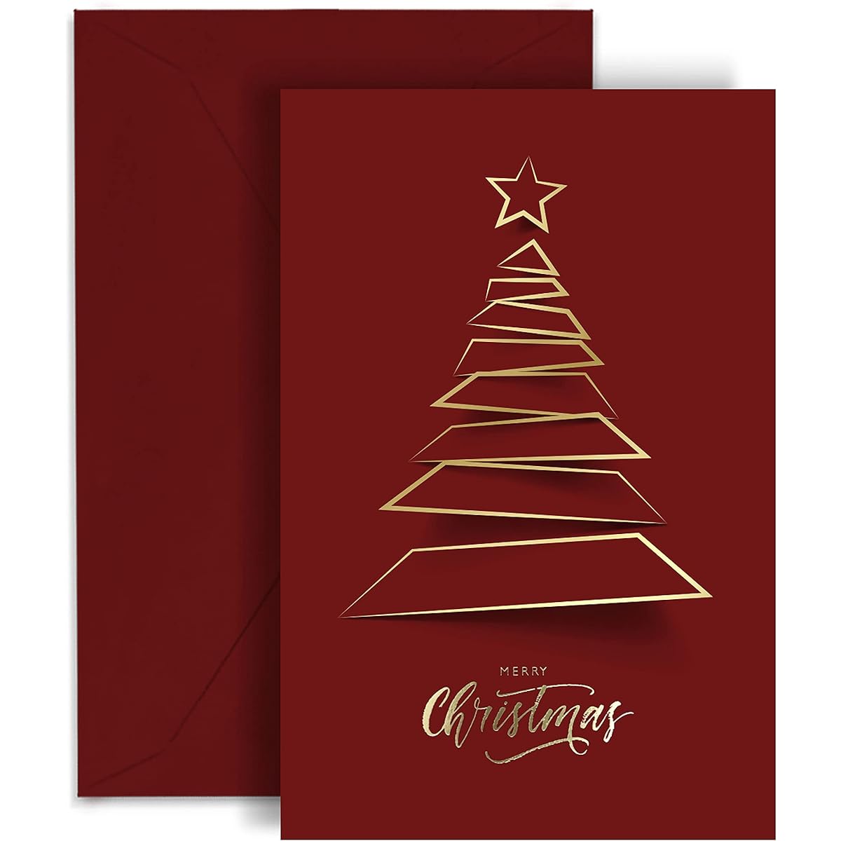 Christmas Greeting Cards with Gold Foil Christmas Tree | 100 Cards - Dark Red Self Paper with Red Envelopes | 6.75 x 4.5 Inch Merry Christmas Cards with Seal Stickers for Friends, Family and Loved Ones (Pack of 5)