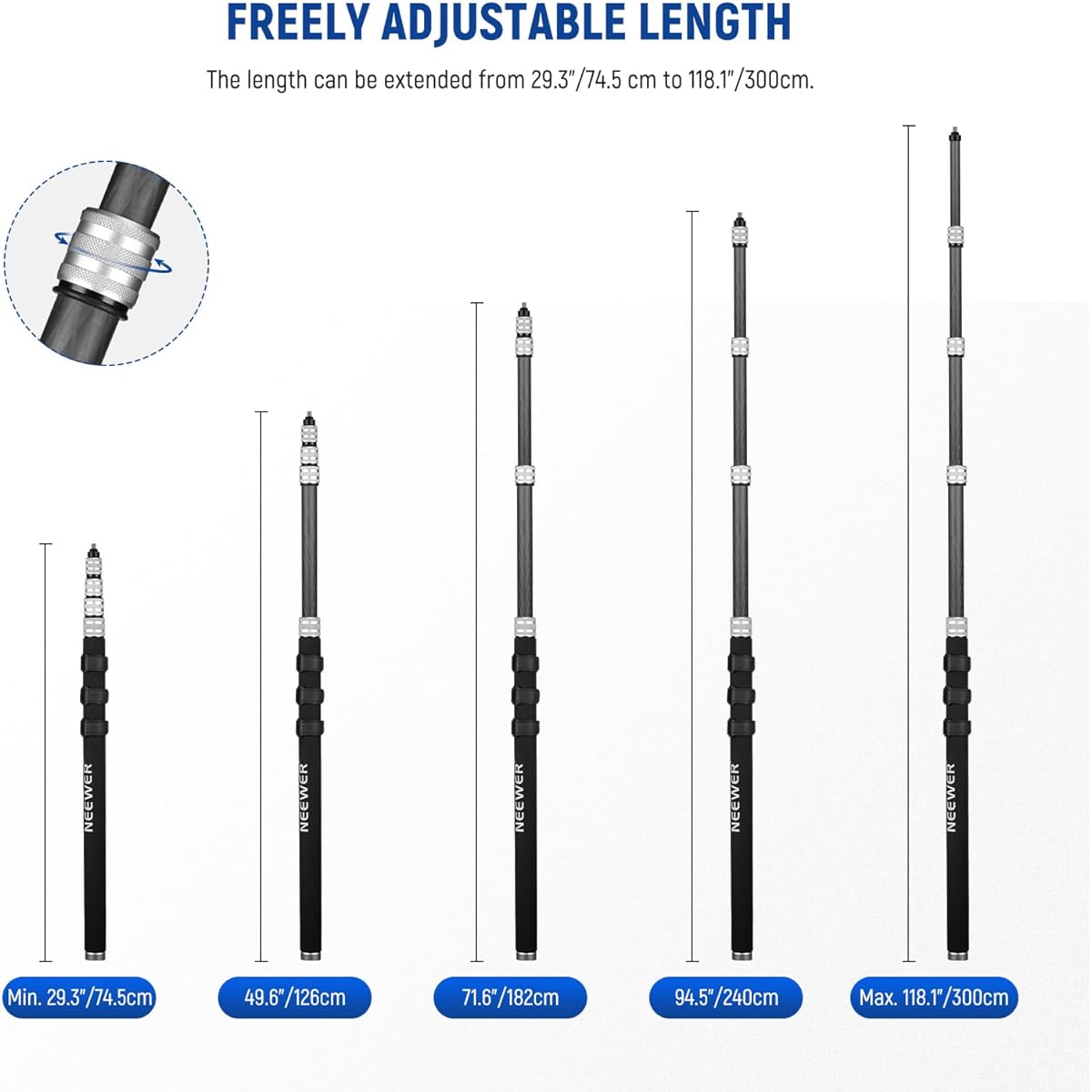 NEEWER Upgraded Microphone Boom Pole 9.8ft/300cm Telescoping Carbon Fiber Microphone Boom Arm 5 Sections 1/4" 3/8" 5/8" Thread Adapter Cable Strap Shoulder Strap Storage Bag MS-300C