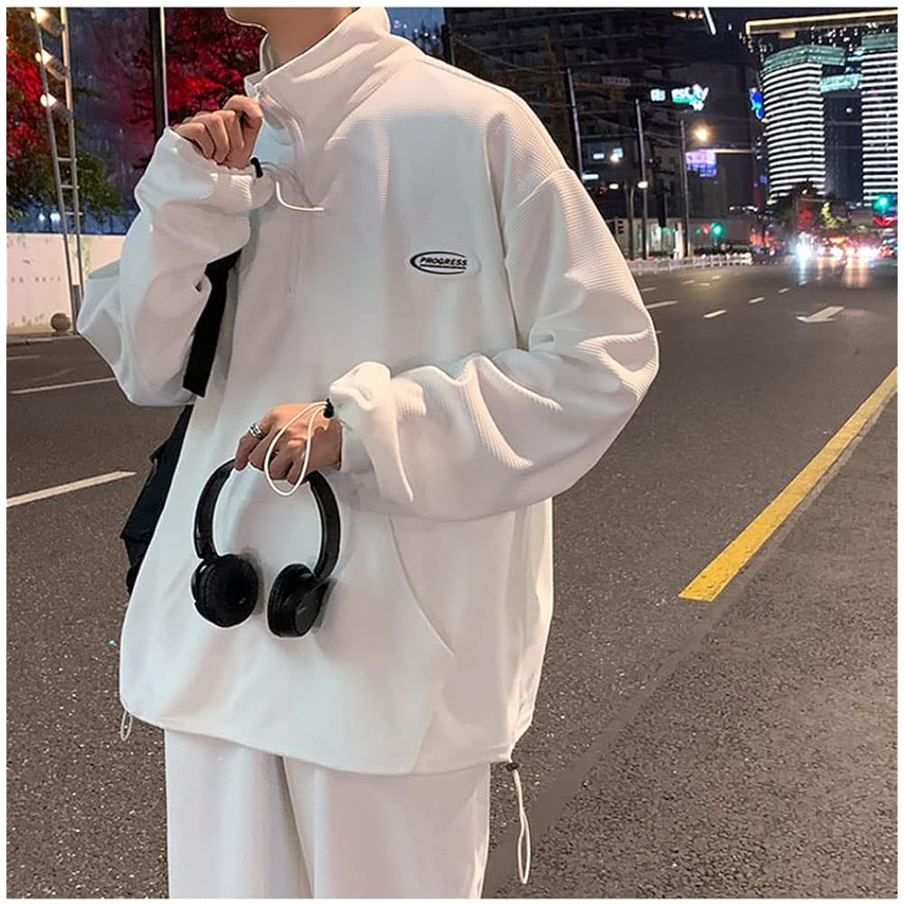 [D.IIZOO] Half Zip Hoodie 2 Piece Set Sweatshirt Jersey Top and Bottom Setup Men's Sweatpants Casual Sports Loungewear Loose Korean Style Body Covering Large Size C2231C