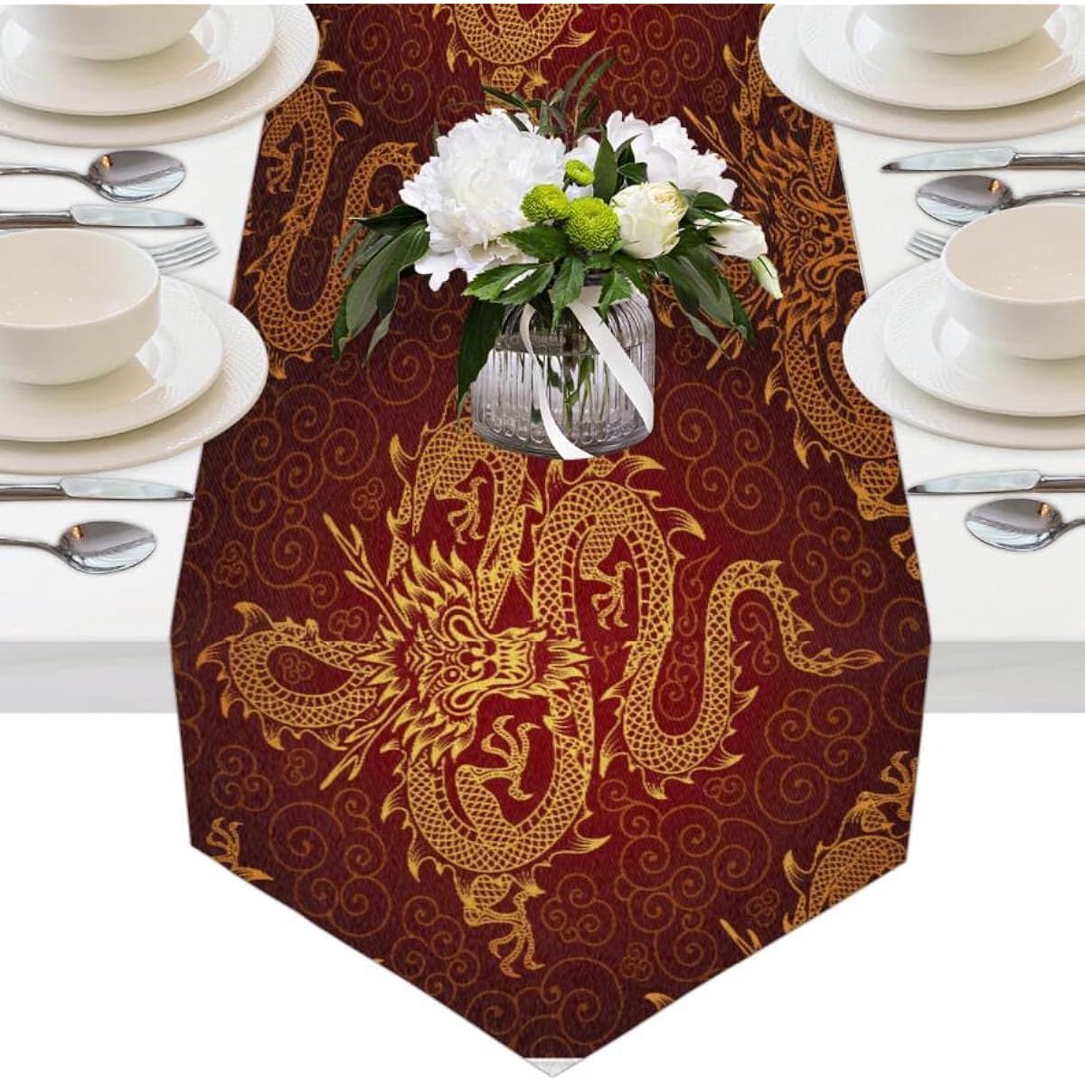 AUUXVA 13x70 inches Long Table Runner Chinese Animal Dragon Decorative Polyester Table Runner for Home Coffee Kitchen Dining Table Party Banquet Holiday Decoration 13x70 inches