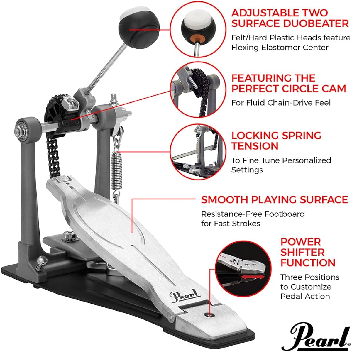 Pearl Pearl Drum Single Pedal Eliminator SOLO “BLACK” Perfect Round Cam/Duo Beater P-1030