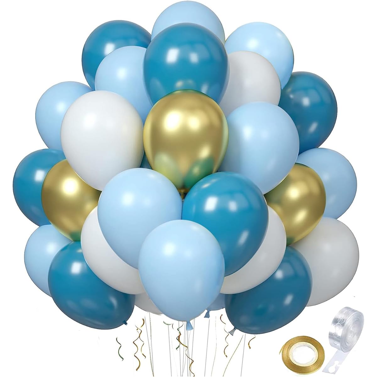 Dusty Blue & Gold Party Balloons 50pcs 12'' Dusty Blue Baby Blue Sand White Metallic Gold Ribbon Wedding Birthday Baby Shower Decorations