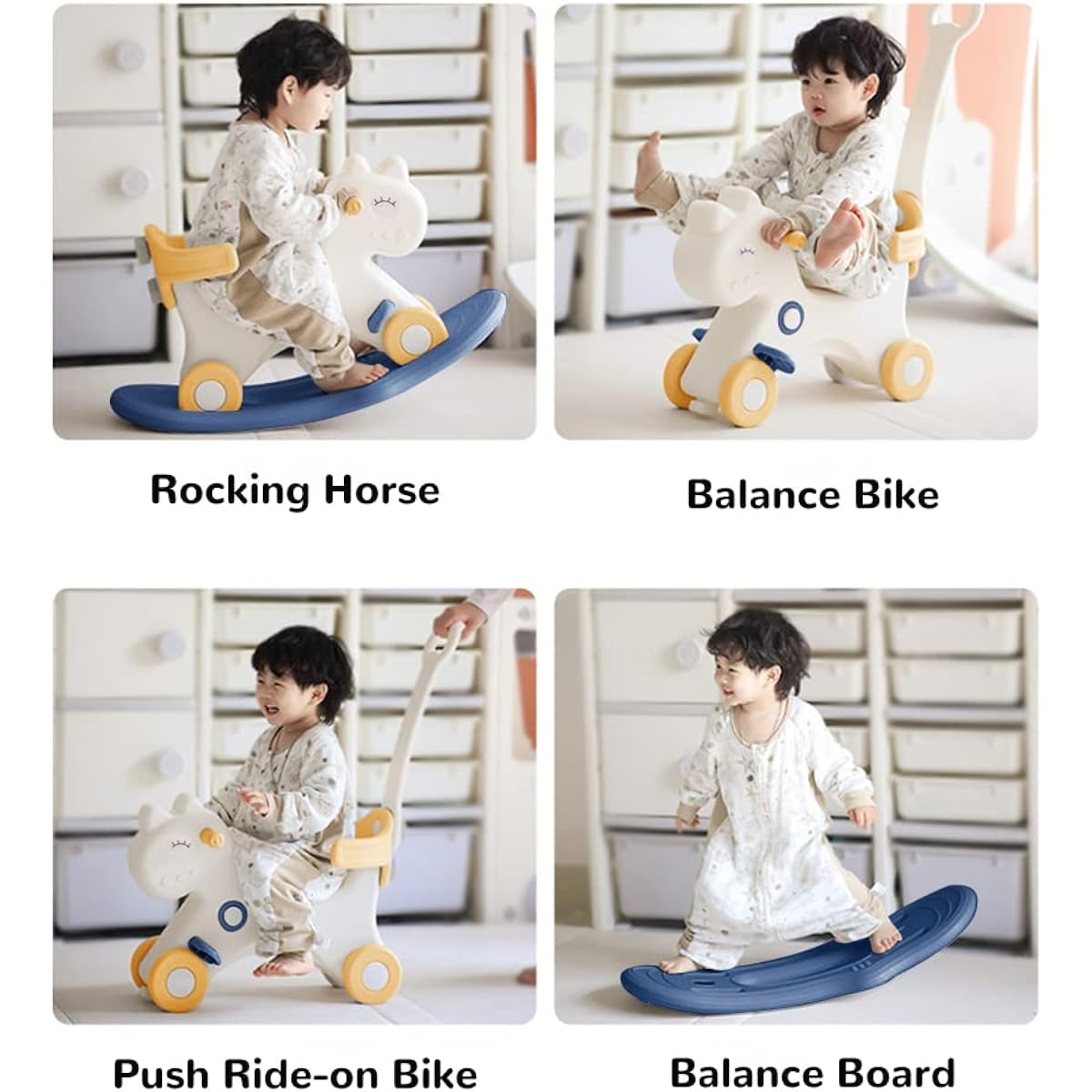 4 in 1 Rocking Horse Toddler 1-3 Years Old Balance Bike Ride-On Toy Push Handle Backrest Balance Board for Baby Girls Boys Unicorn Kids Horse Riding Birthday (Blue)