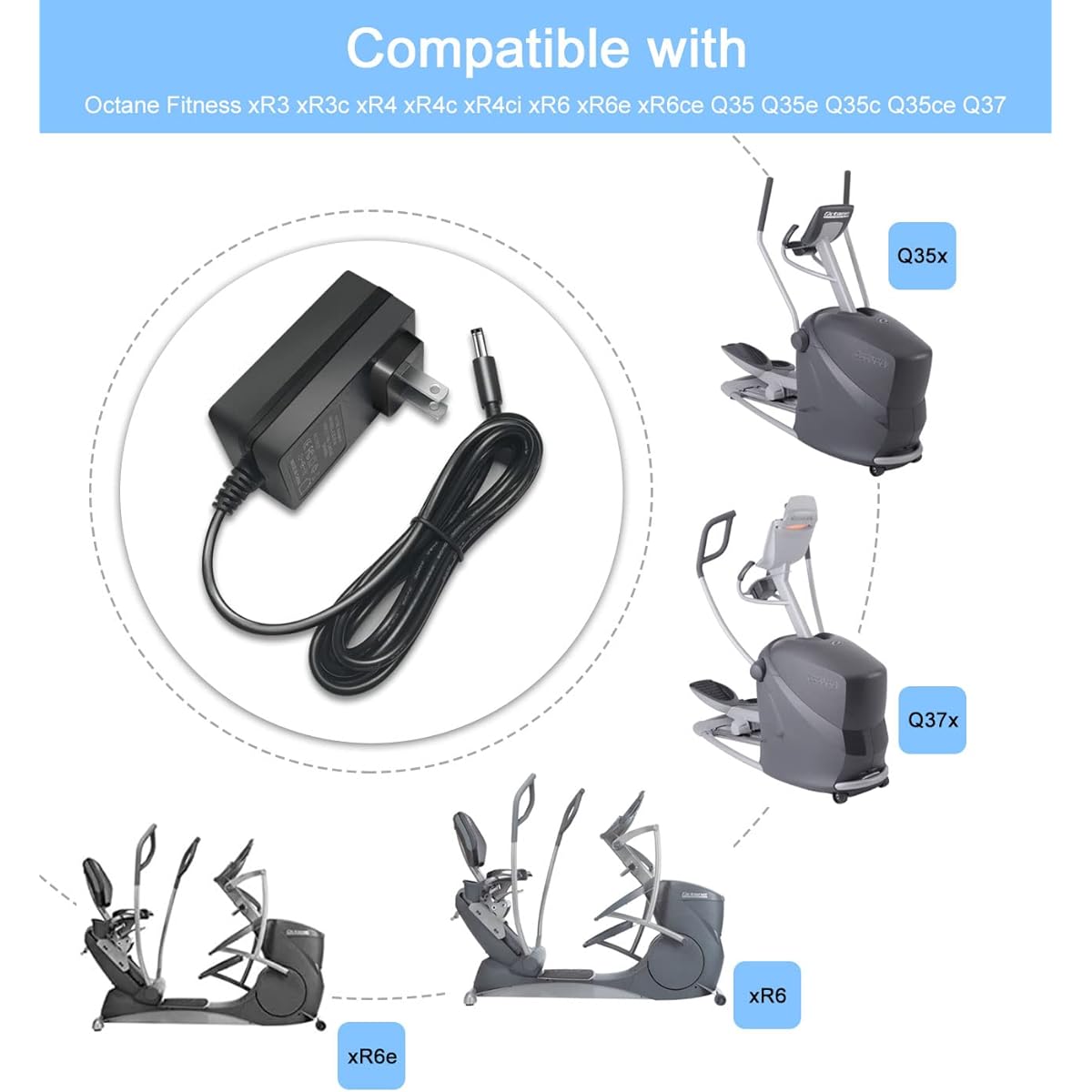 Bowflex Max Trainer M5 M3 M6 M7 M8 HVT Exercise Elliptical, Octane Fitness xR3 xR3c xR4 xR4c xR4ci xR6 xR6e xR6ce Q35e Q35c Q35ce Q35ce Q35ce Q37 Machine AC DC Charger Power