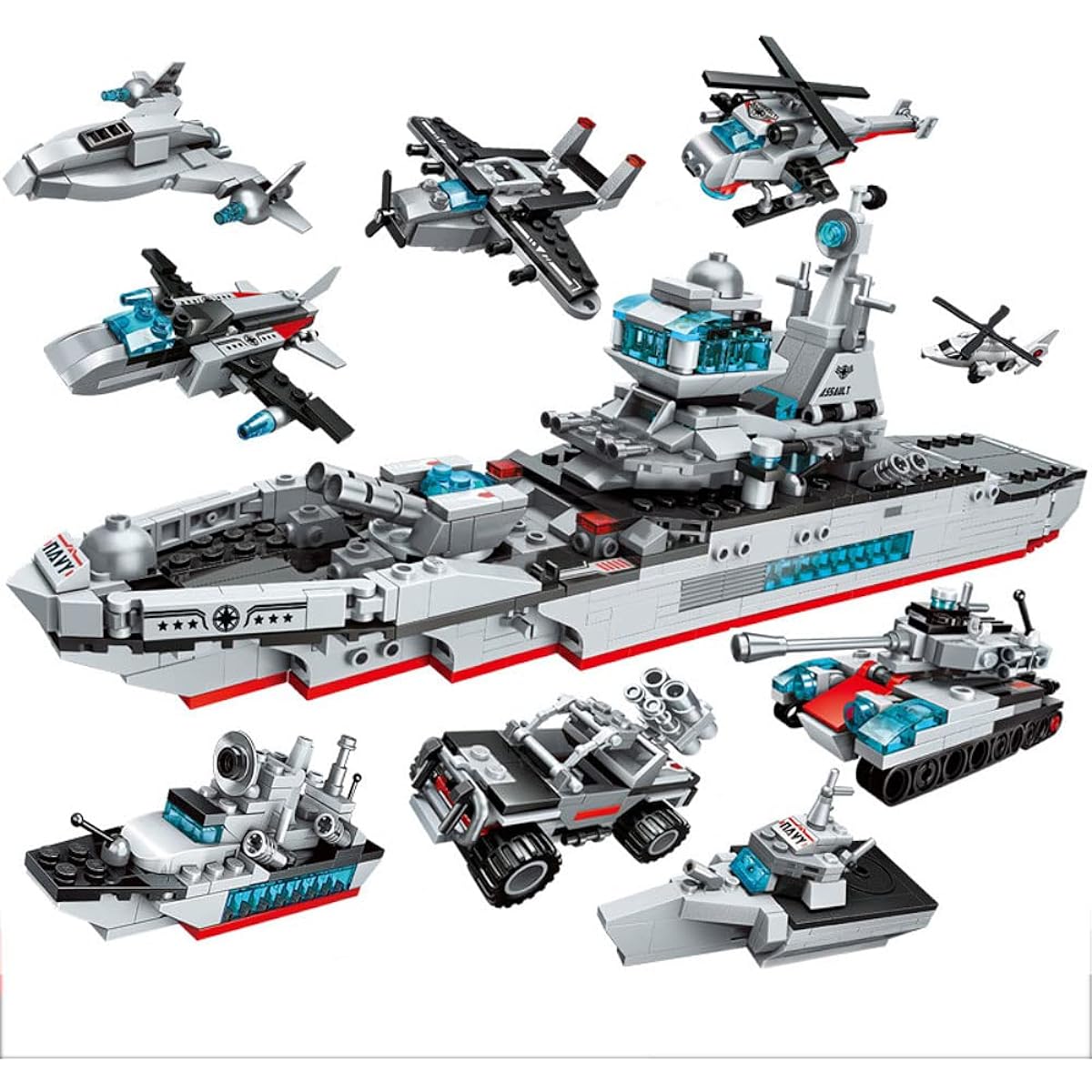 ENHANA 700 Pieces Aircraft Carrier Building Blocks Set, 8 in 1 Military Battleship Construction Toys, 17 Styles Army Vehicles, Helicopter, Plane, Warship, Birthday Gift for Boys