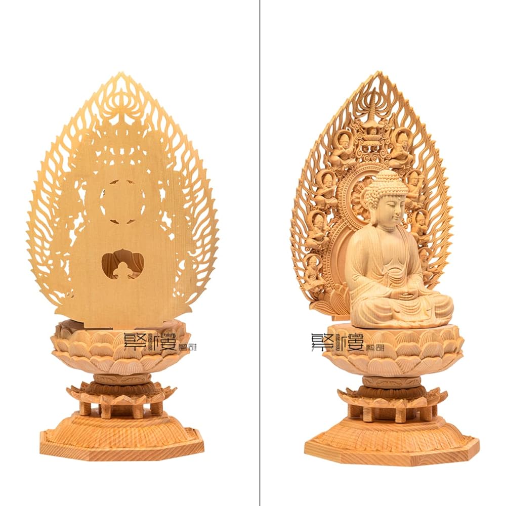 TheChanger Hanro Art Sculpture Buddha Statue Shaka Nyorai Soto Zen Rinzai Buddhist Altar Buddha Statue Wood Carving Cypress Wood Pray Warm Off Hiten Halo Octagonal Base (Height 28 cm x Width 12 cm x Depth 12 cm)
