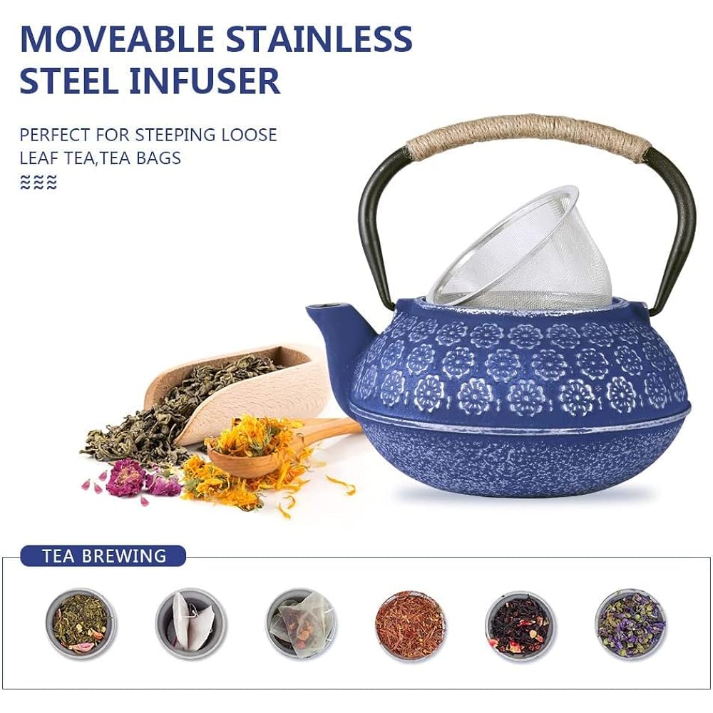 Iron kettle without enamel IH compatible teapot stylish teapot for open fire blue cherry blossom 1000ml