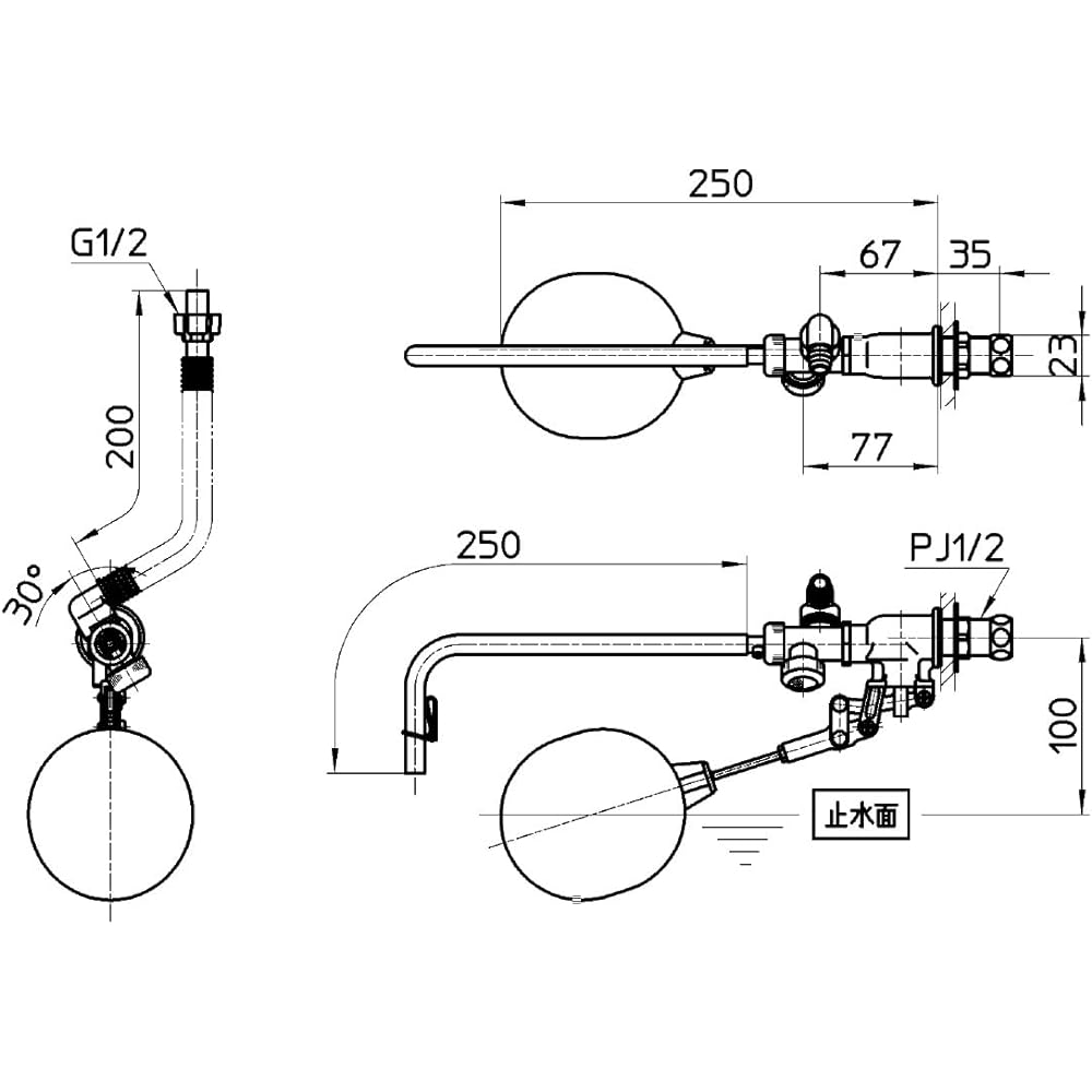 SANEI Toilet Parts Ball Tap with Auxiliary Water Pipe for Hand Wash and Siphon Type with Connecting Hose PV46-5X-13