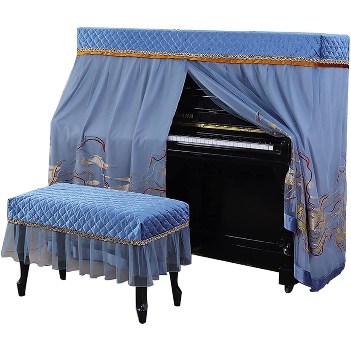 Piano stool cover full piano cover piano embroidery dust cover for universal piano universal piano 148~153 universal (blue) (Size : Double stool cover (78*38cm))