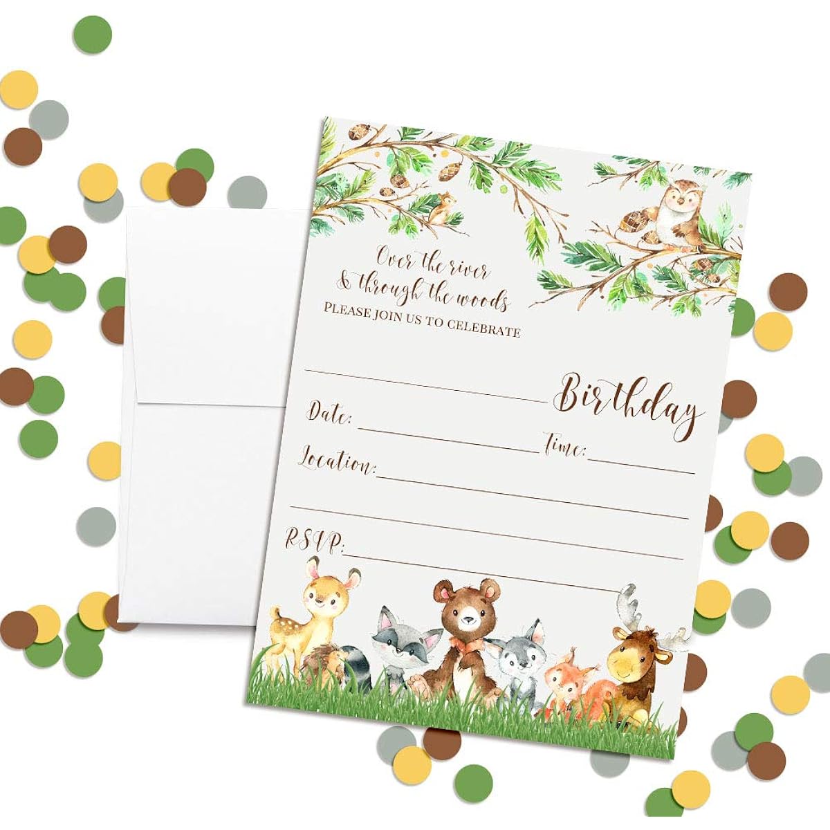 AmandaCreation Watercolor Woodland Cute Animals Birthday Party Invitations - 20 5"x7" Cards with 20 White Envelopes