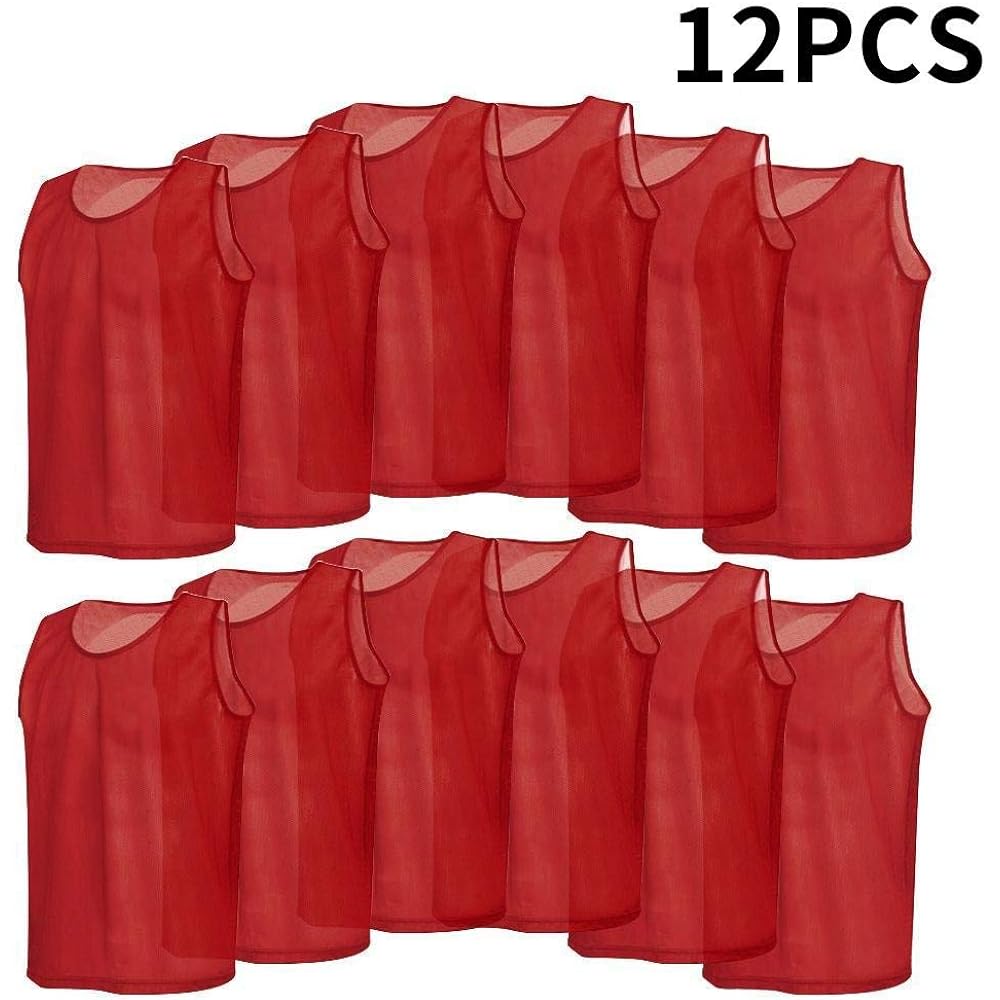 [Set of 12] Bibs for Adults, Training Bibs, Football Bibs, Lightweight, Sweat Absorbent, Quick Drying, Soccer Events, Futsal, Red