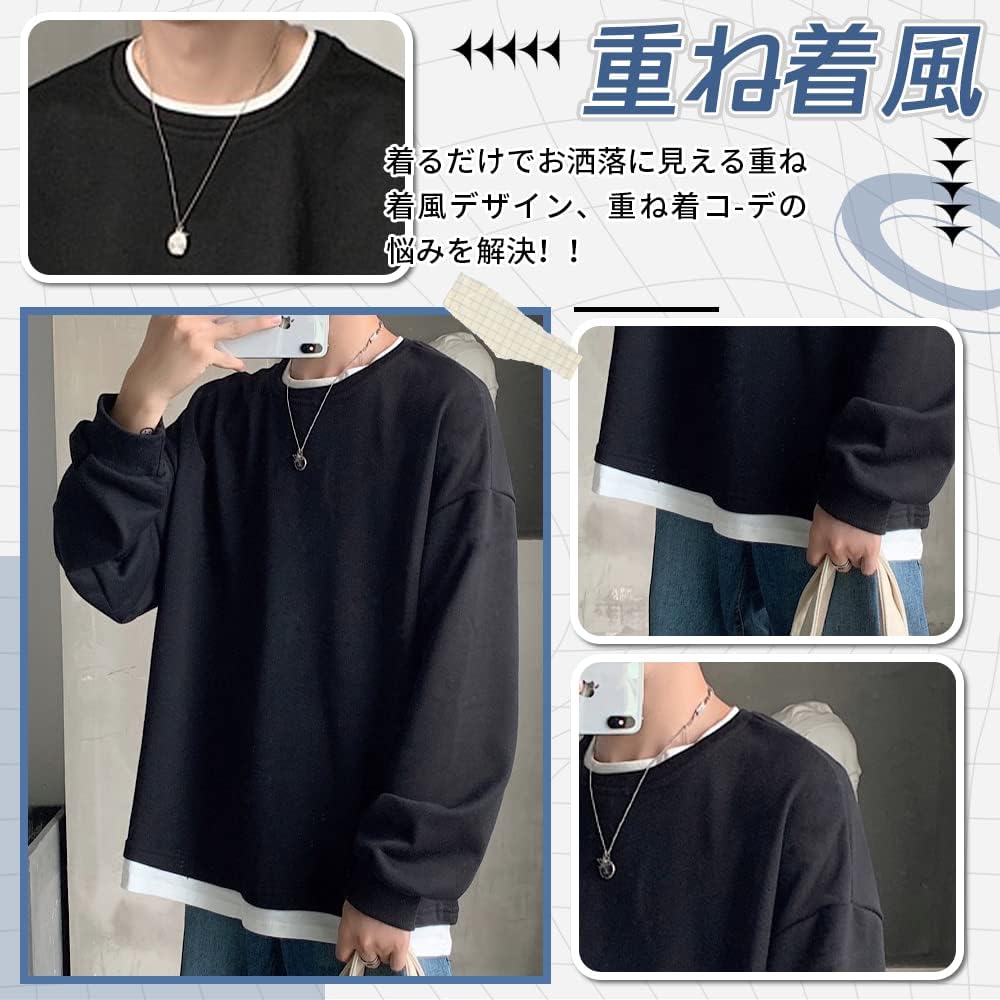 [YACORESYA] Big T-shirt, Men's, Spring/Autumn Clothes, Sweatshirt, Layered, Long Sleeve, Stylish, Large Size, Faux Layered, Unisex, Popular, Tops, Drop Shoulder, Big Silhouette, Large Size