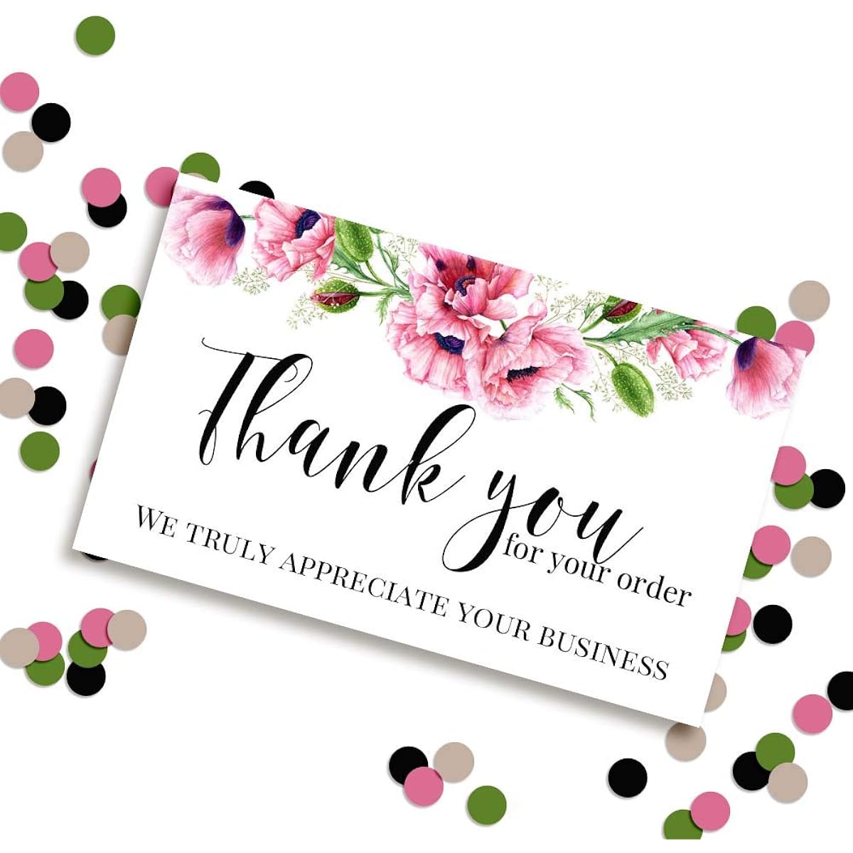 AmandaCreation Pink Poppy Floral Thank You Customer Appreciation Package for Small Business, Single Sided Insert Cards, 100 Count, 2" x 3.5"