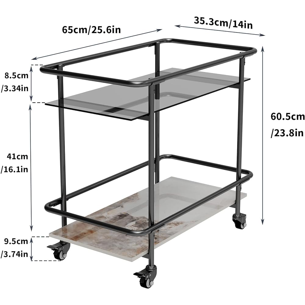 Artloge Side Table, Side Rack, with Casters, Multi-Wagon, Side Wagon, Kitchen Wagon, 2 Tiers, Storage Wagon, Movable Shelf, Stylish, Width 65 x Depth 35 x Height 60 cm