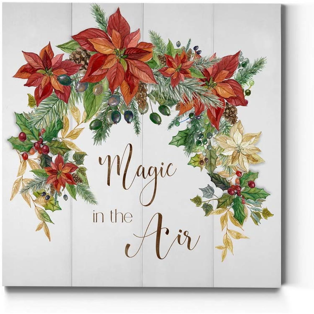 Renditions Gallery Magic in the Air Wreath Wall Art Christmas & Winter Artwork Festive Poinsettia Red Green Premium Gallery Wrapped Canvas Decor Ready to Hang 32" H x 32" W Made in the USA