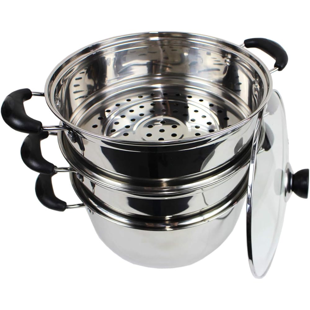 Commercial Kitchen Equipment Hist Steamer IH Compatible Steamer with Glass Pot Lid Stainless Steel (3 Tiers 28cm)