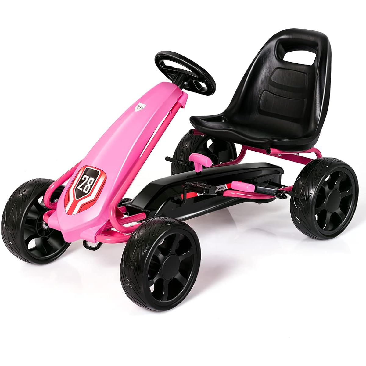 Costzon Pedal Go Kart for Kids, 4 Wheel Pedal Powered Ride-On Toy, Outdoor Racer, Kids Feet on Ride-On Car, Adjustable Seat, 2 Rubber Tires & Brakes, for Boys and Girls, Ages 3-8 (Pink)