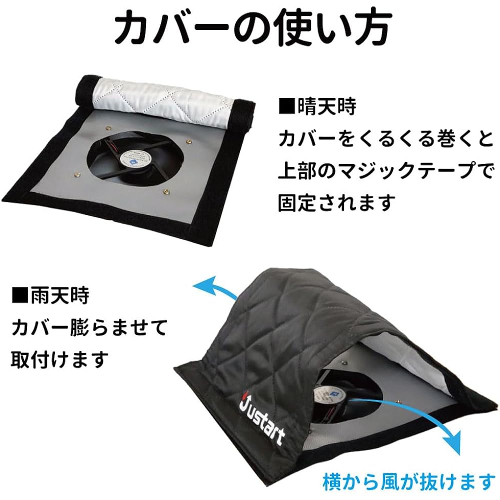 Justart Tent Ventilation Fan 12cm Seat with Fan, Removable Velcro DIY / 3 Piece Set, Rain Cover, Seat with Fan, Velcro for Installation, Instructions and Warranty/Heatstroke Prevention, Smokers, Kankisen, Summer Camp