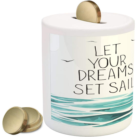 Ambesonne Sailboat Piggy Bank Set a Dream Sail Message Oggy Pattern Watercolor Waves Printed Ceramic Piggy Bank for Cash Savings, Sky Blue, Black and Yellow