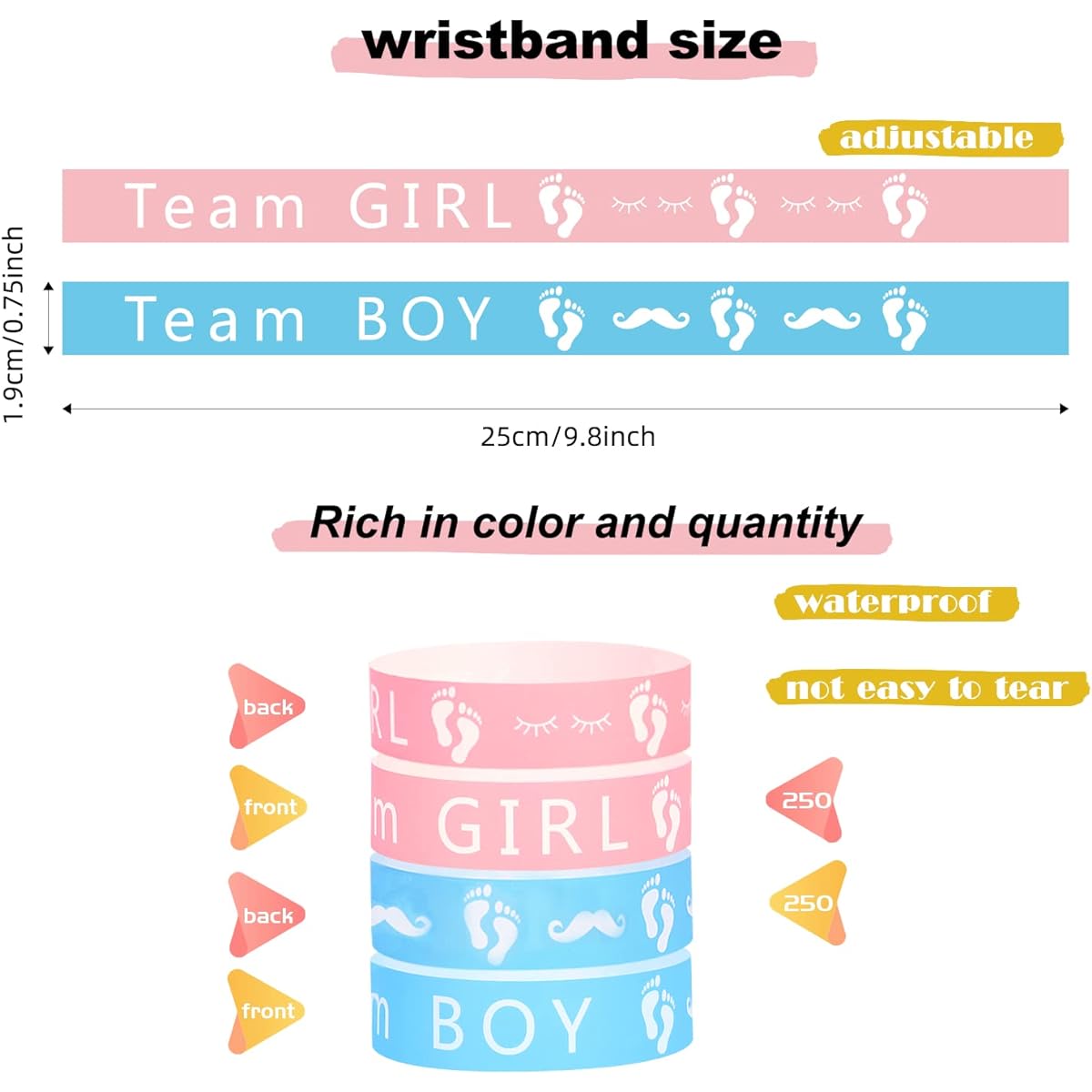 500 Pack Gender Reveal Wristbands for Events, Waterproof Team Boy and Team Girl Paper Bracelets, Party Armbands for Gender Reveal Ideas, Party Supplies, Decorations