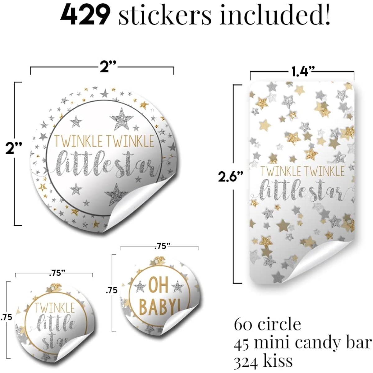 Amanda Creation Gold & Silver Twinkle Little Star Gender Neutral Baby Shower Stickers Bundle Kit - 429 Pieces!!! 60 2" Circle Stickers Favors & Goodie Bags, 45 Mini Candy Bar Wrappers & 324 Round Candy Kiss Stickers