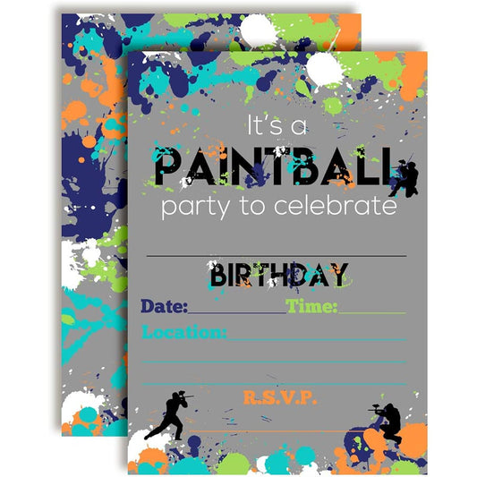 AmandaCreation Paintball Theme Birthday Party Invitations 5 x 7 Inch Cards with 20 White Envelopes