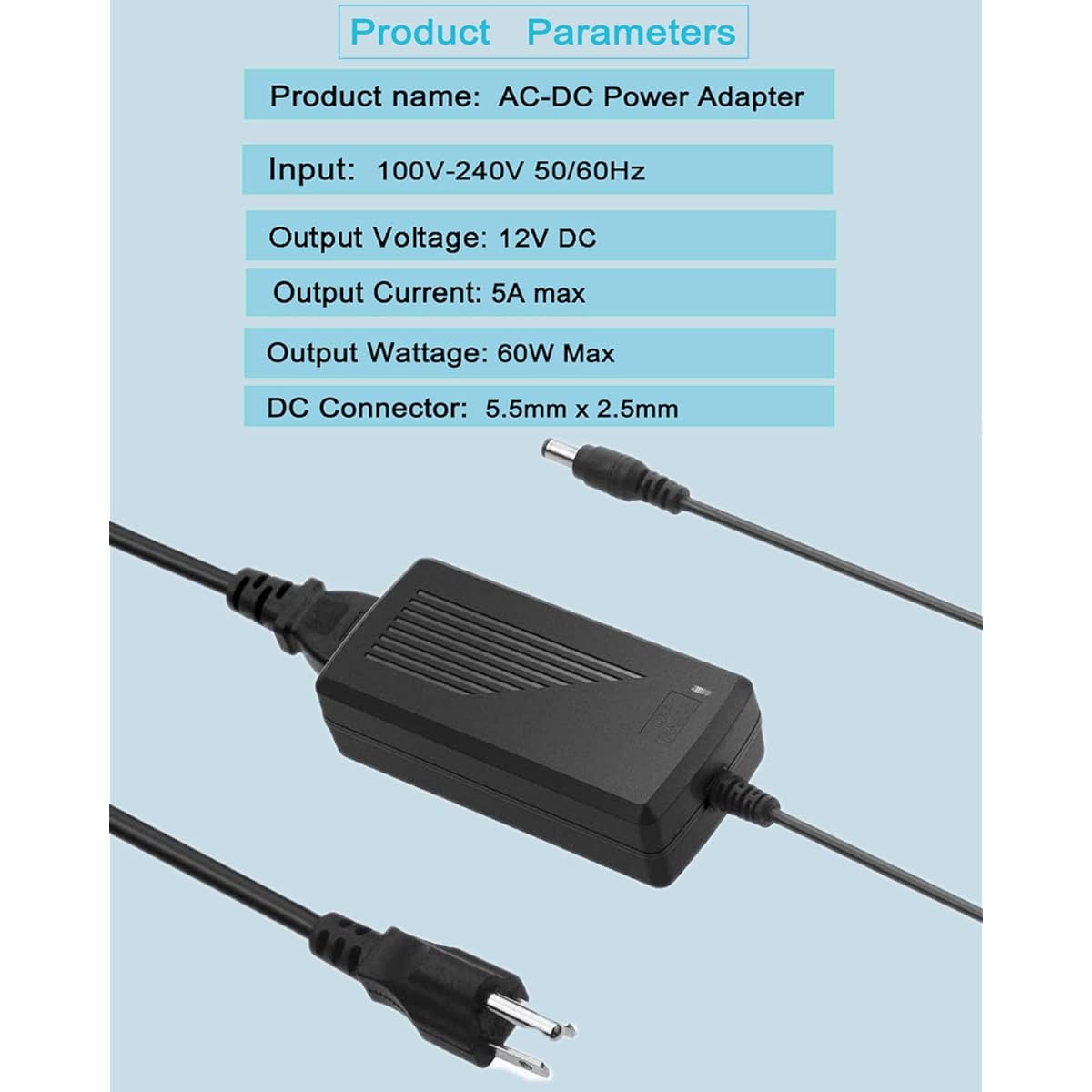 MTYTOT 12V 5Amp Power Adapter 100V-240V AC to DC 12 Volt 5A 3Amp 2A 1A AC/DC Power Adapter Supply Transformer 5.5mmX 2.5mm 2.1mm Plug for 12V LED Strip Light Security Camera