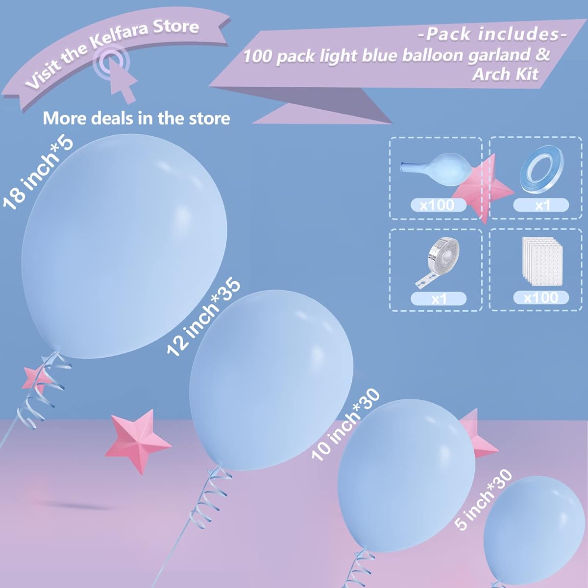 Blue Balloon Garland Kit by Kelfara 100pcs Different Size 18/12/10/5inch Pastel Light Blue Round Latex Balloons for Baby Shower Wedding Anniversary Birthday Baby Blue Theme Party Arch Decorations