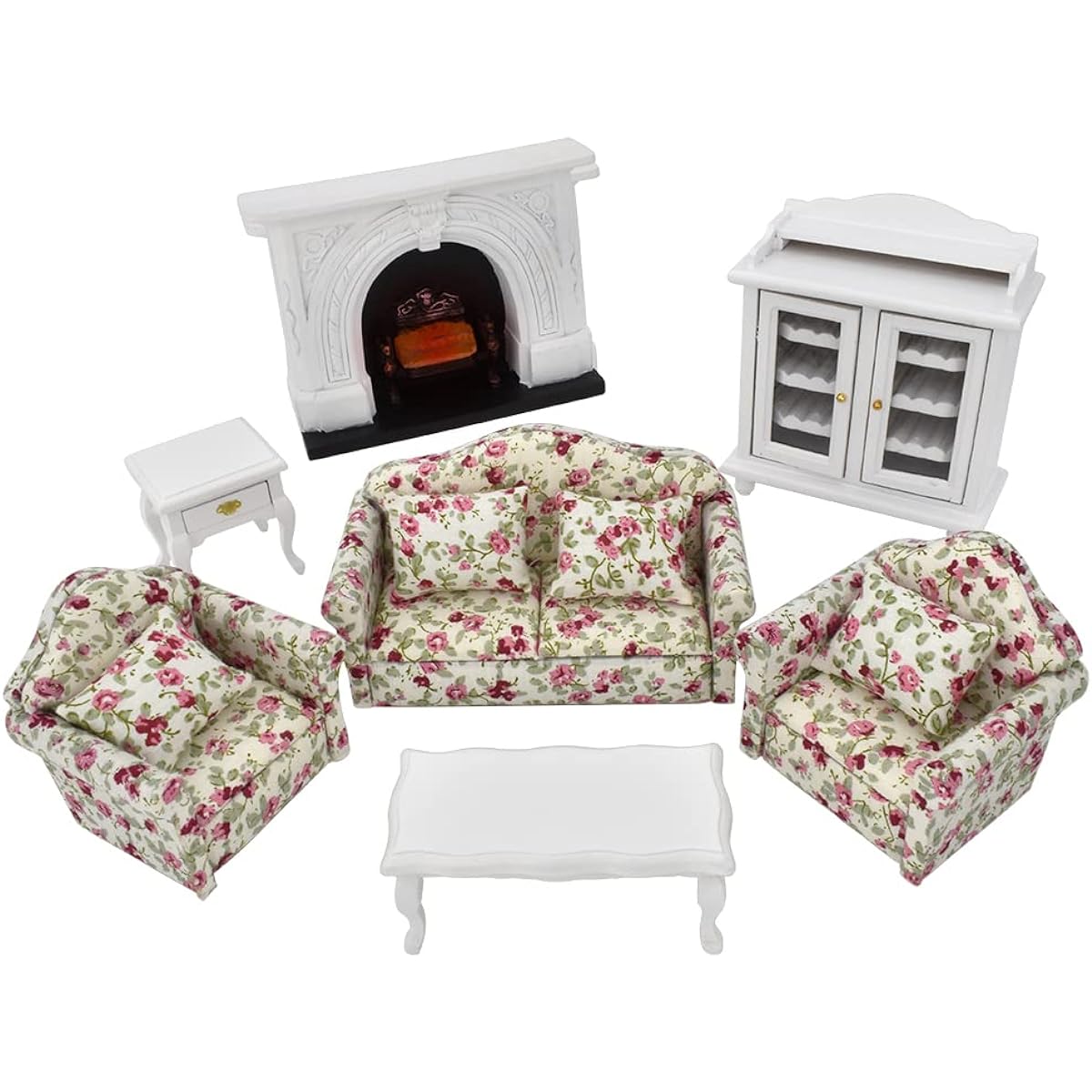 iLAND Dollhouse Furniture Sofa Set with Lights, Fireplace, Wine Cabinet, Coffee Table, Side Table Miniature Dollhouse Living Room (7 Pieces Elegant Furniture)