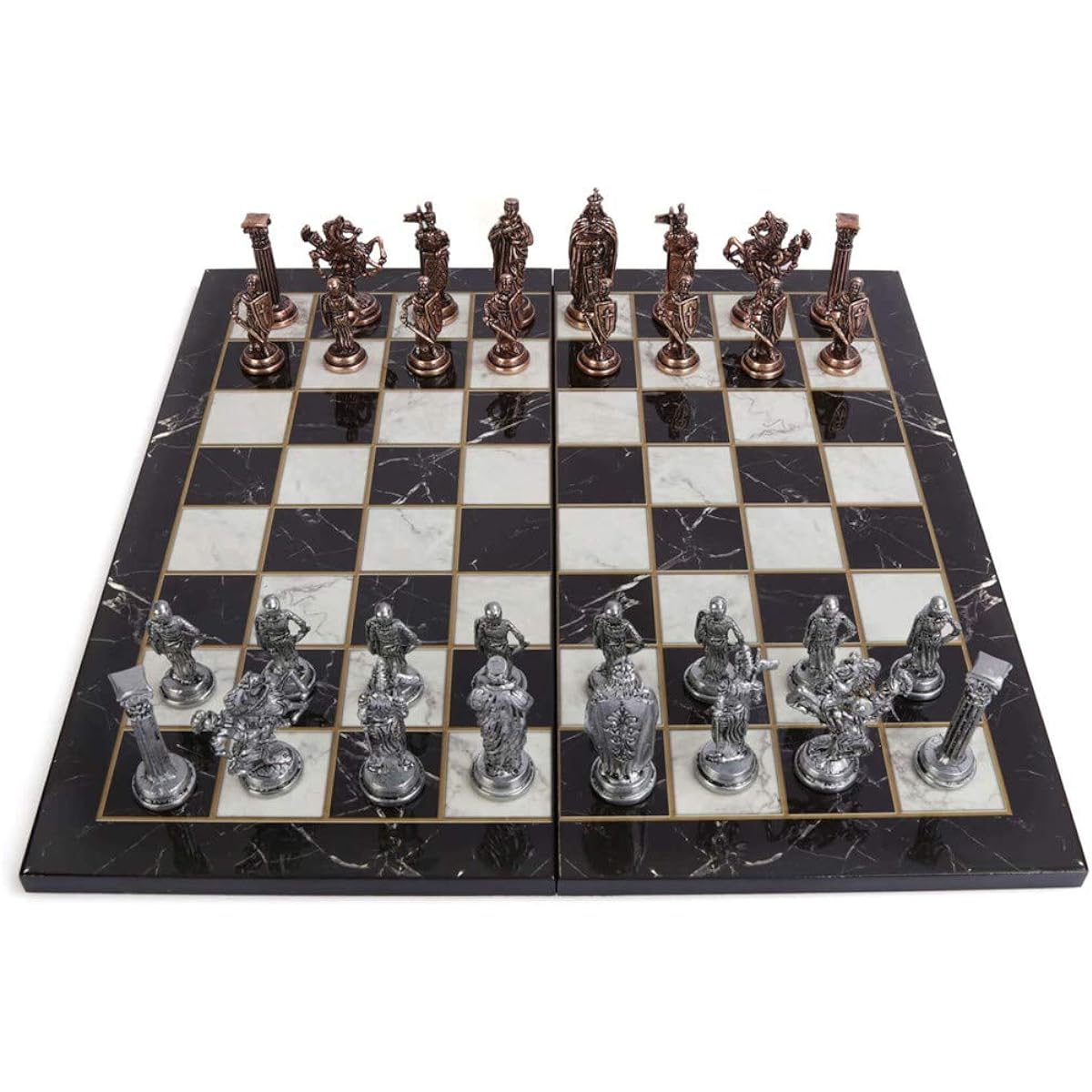 GiftHome Royal Medieval British Army Antique Copper Metal Chess Set for Adults Handmade Pieces Marble Design Wooden Chess Board King 3.35 Inch