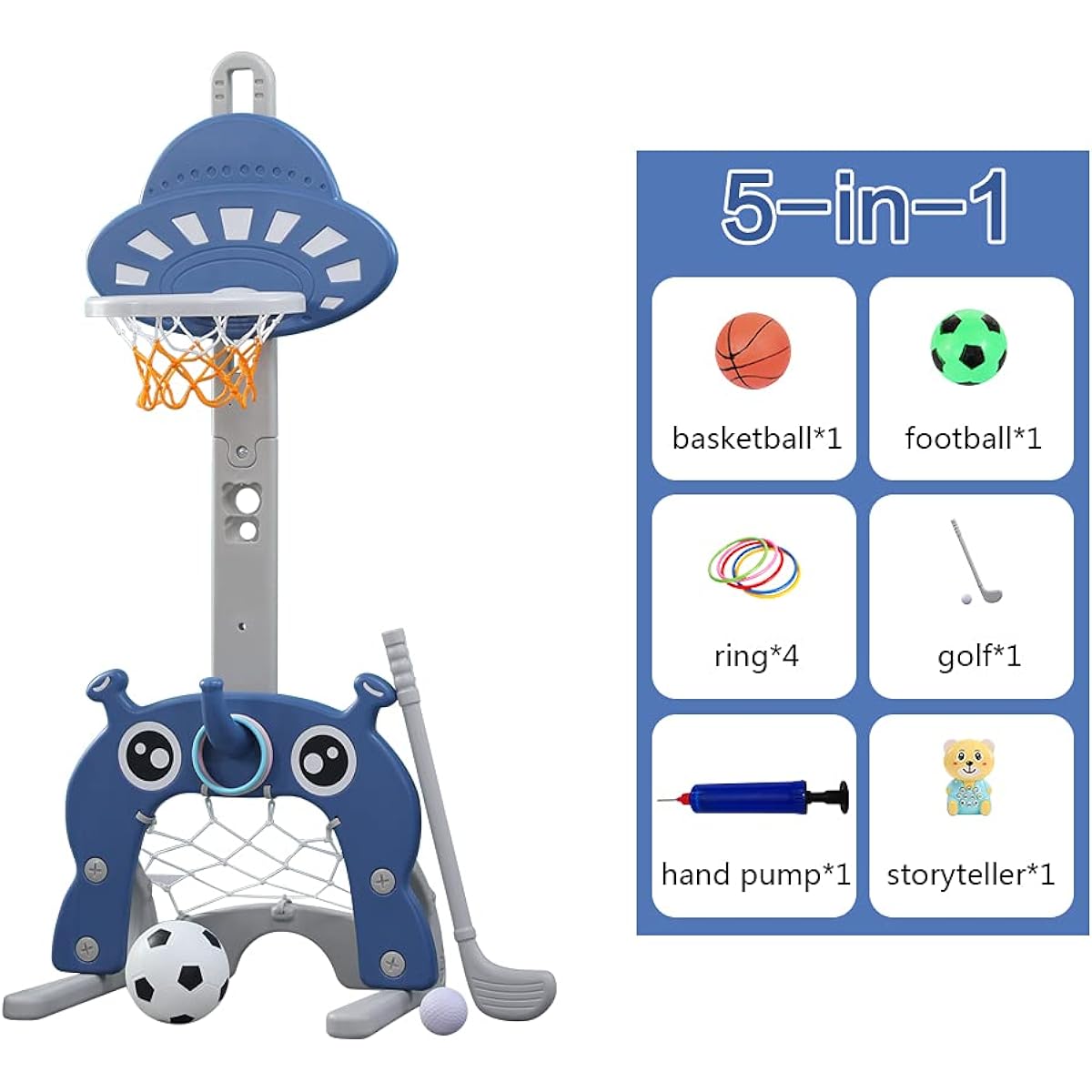 Modern-Depo Kids Basketball Hoop Indoor Outdoor Adjustable Height 4'-5' Toddler 5-in-1 Grow with Me Activity Center Football Soccer Goal Golf Game Ring Toss Set
