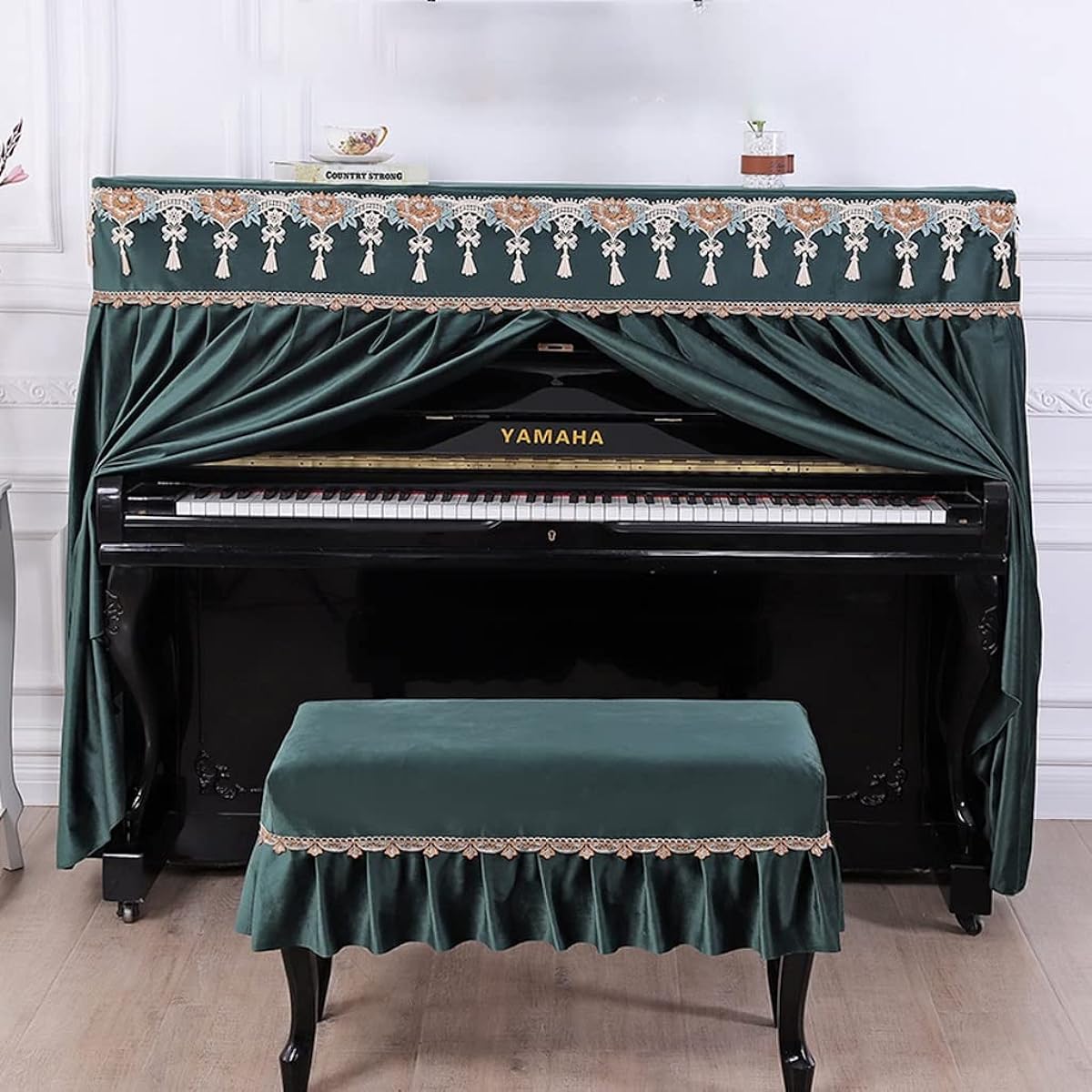 European Style Upright Piano Cover, Home Full Piano Cover Dust Protection Cover Electric Piano Cover Upright Piano Universal 148~152 Cm (Color : Green, Size : Stool Cover 78*38cm)