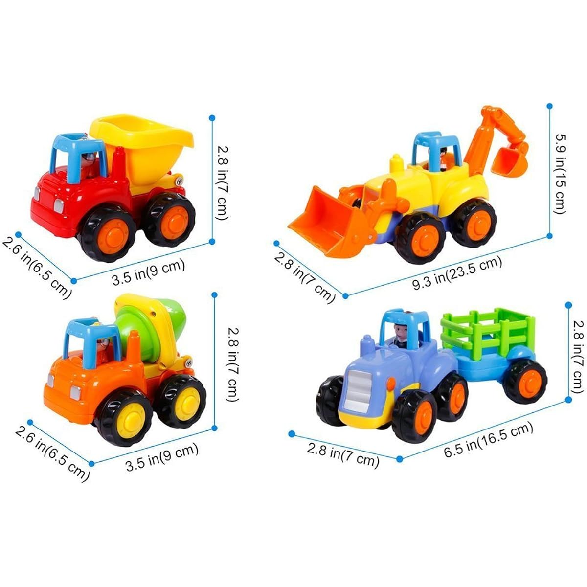 Friction Cars Push & Go Toy Trucks Construction Vehicles Toy Set for 1 2 3 Years Old Baby Toddler Beach Dump Truck Cement Mixer Bulldozer Tractor Early Education Gift Set of 4