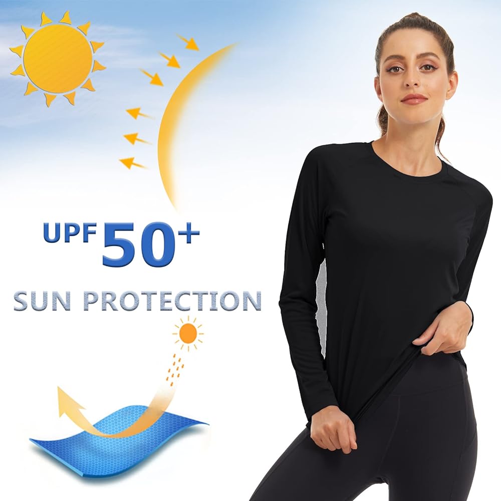 [KEFITEVD] Long Sleeve T-Shirt, Women's Sports, Sweat Absorbent, Quick Drying, Rash Guard, Running, UV Protection, Tops, Plain, Stretch, Crew Neck, Spring, Autumn, Summer