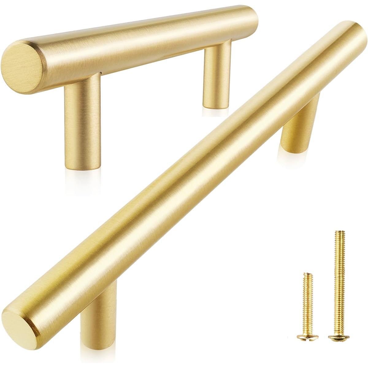 QOGRISUN 2 Pack Solid Brass Cabinet Pulls, Gold European Style T Bar Handles, 3 Inch Hole Center for Kitchen Drawers, Dresser Cupboard, 4.9 Inch Overall Length, Brushed Brass Finish