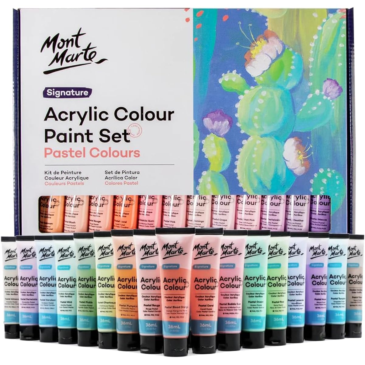 Mont Marte Acrylic Color Pastel Paint Set Signature 48pcs x 36ml (1.2 US fl.oz) Creamy Pastel Acrylic Paint Set with Good Coverage and Semi-Matte Finish Ideal for Most Art and Craft Surfaces