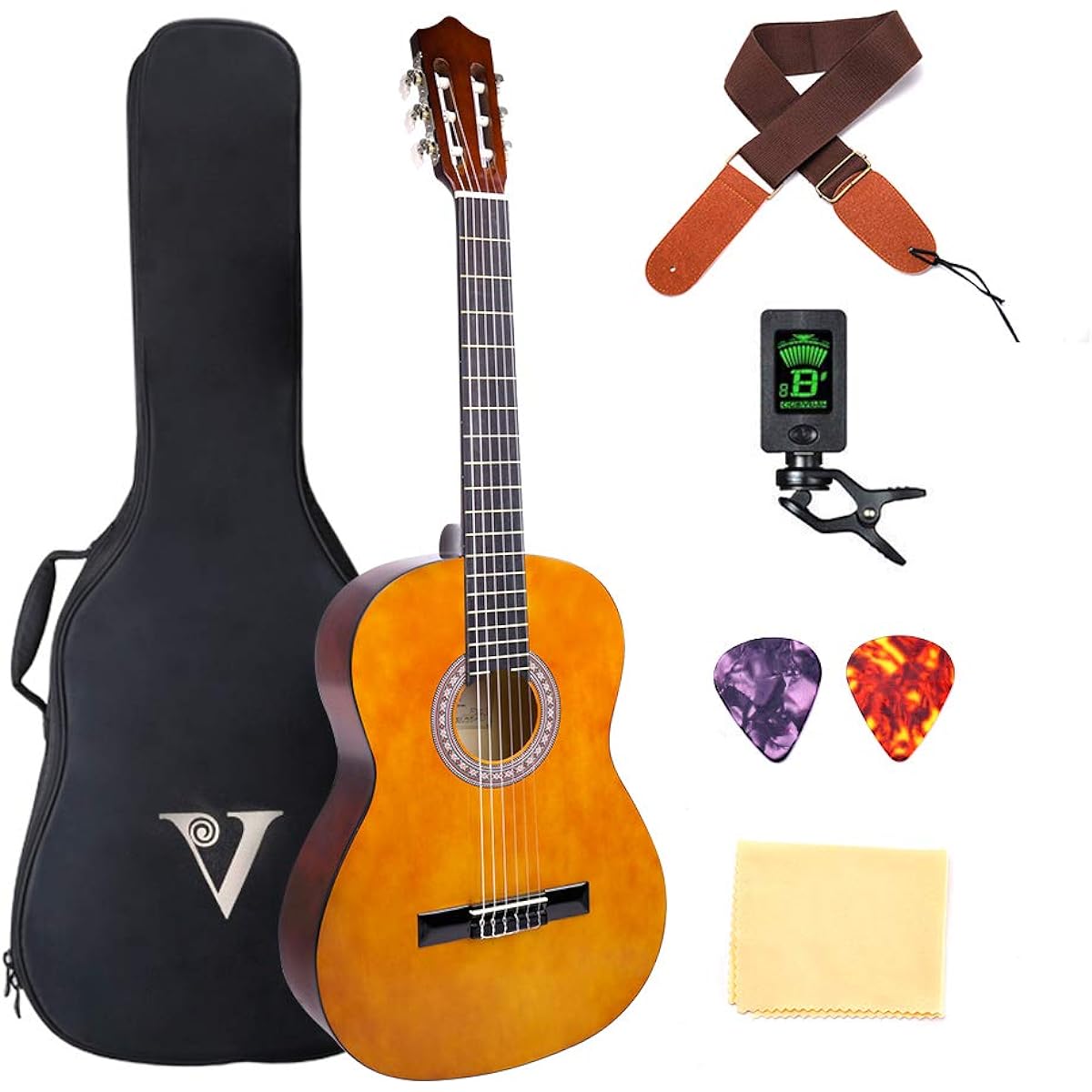 Classical guitar, 39 inches, 4/4 nylon strings, for elementary school students and adults, beginner guitar set, bag, strap, tuner, piano cloth, pick