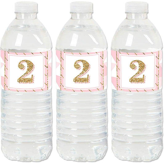 2nd Birthday Girls - Fun for 2 - 2nd Birthday Party Water Bottle Sticker Labels - Set of 20