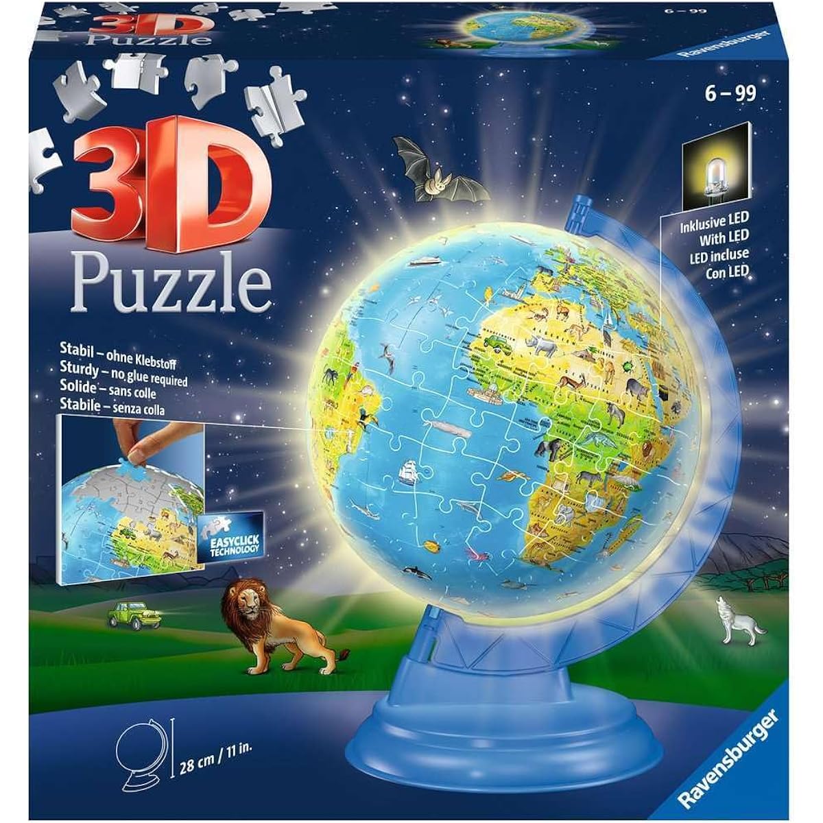 Ravensburger 3D Puzzle 11274 - Children's globe with light in German - 180 pieces - Illuminated globe for children from 6 years: Experience puzzling in the 3rd dimension