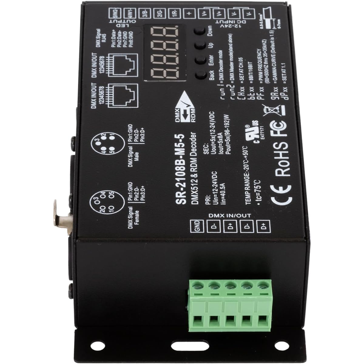 SIRS-E 5 Channel CV DMX RDM Digital PWM Decoder 8/16 Bit RGB & RGBW LED Lighting 12-24V DC UL Recognized Controller 5x8A Dimmer 5809 SR-2108B-M5-5