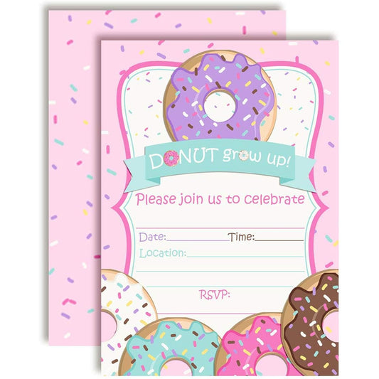 AmandaCreation Donut Glow Up Birthday Party Invitations for Girls 5"x7" 20 Fill In Cards with 20 White Envelopes